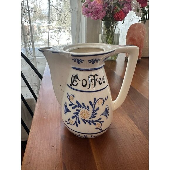 Other - Vintage Ceramic Coffee Pitcher – Blue Floral Design, 10” Tall